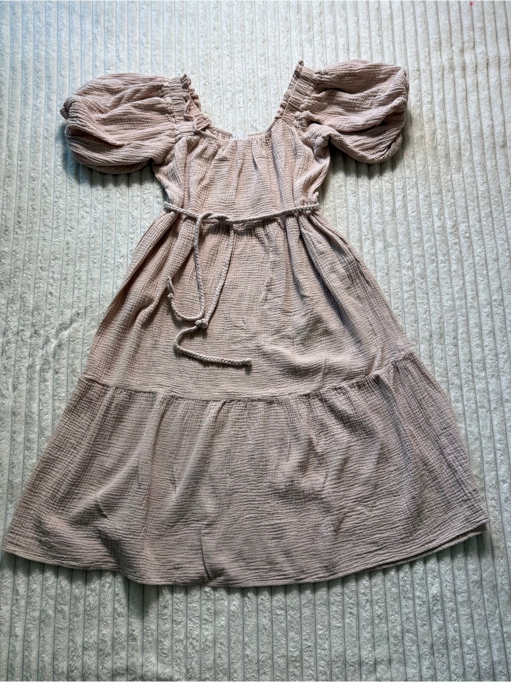 MABLE Beige Cotton Woven Square Neck Tiered Puff Sleeve Tie Waist Midi S